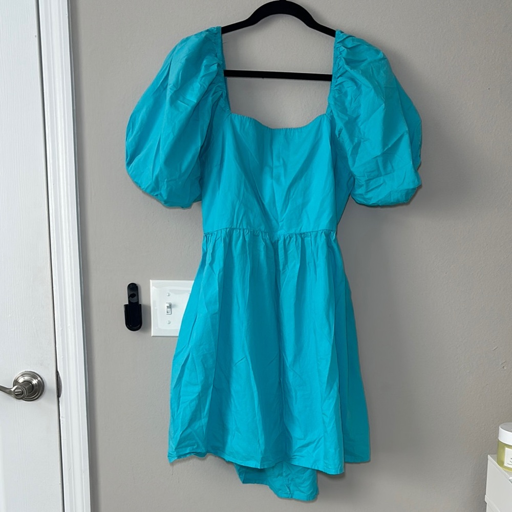 A New Day Turquoise Puff Sleeve Backless Dress